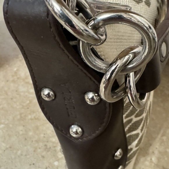 FURLA Beige and Tan Canvas and Leather Gold Studded Shoulder Bag *Very Very Rare - Picture 11 of 16